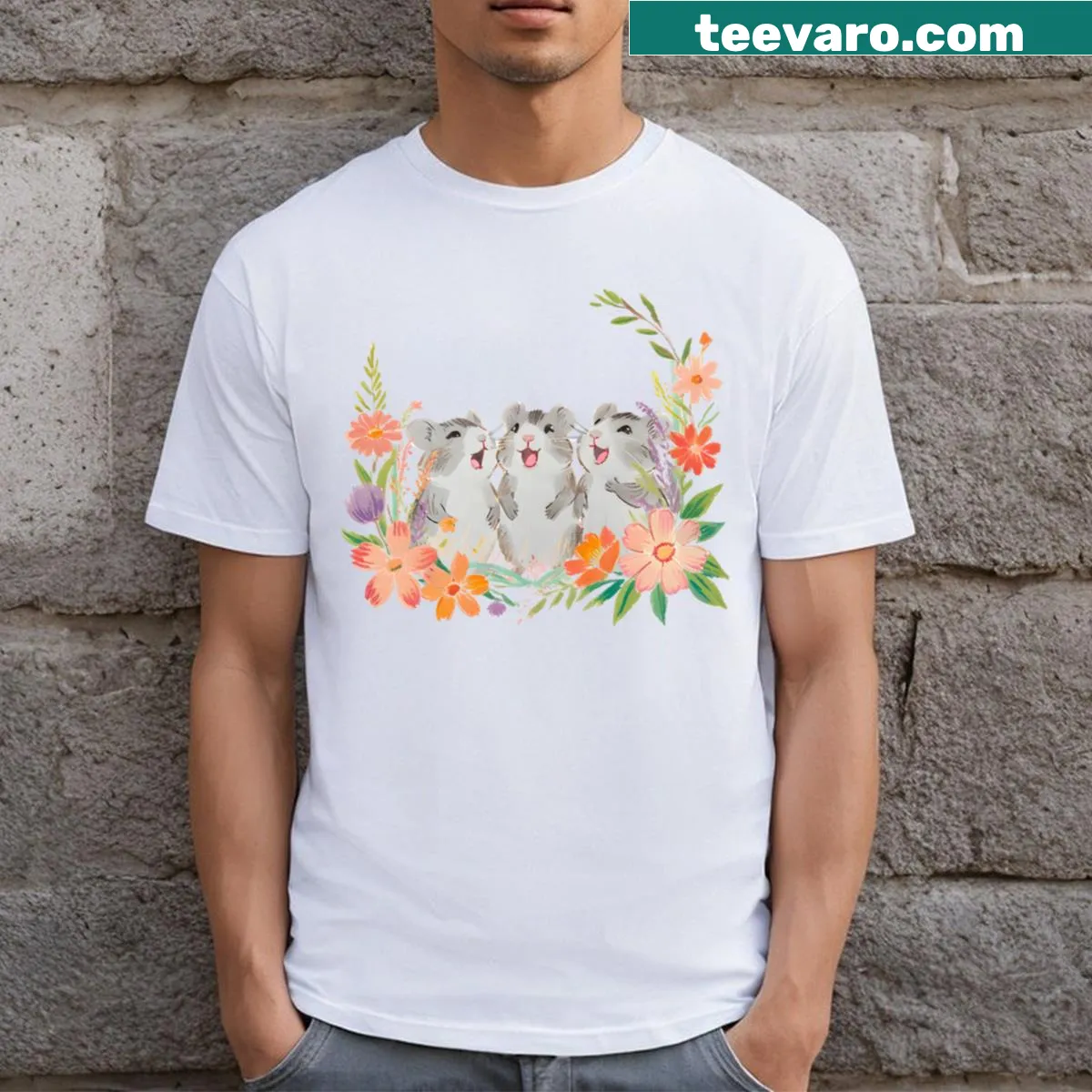A cute hamster surrounded by flowers in an illustration — on a men's t-shirt