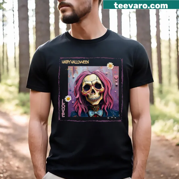 Cute skeleton in trendy outfit on Halloween T-shirt