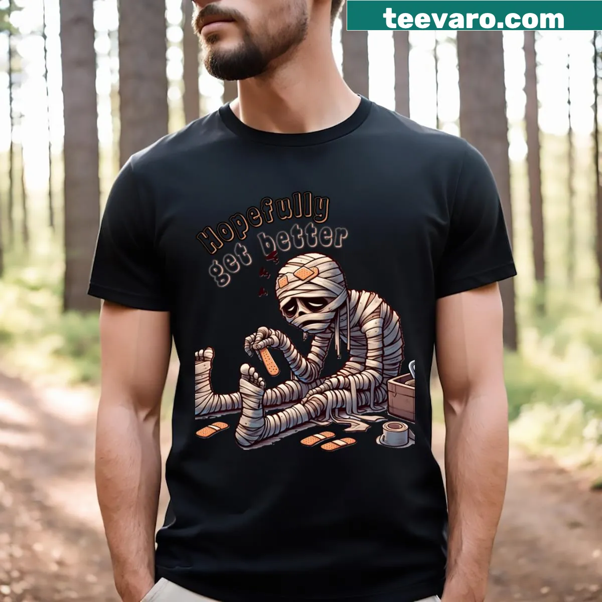 Friendly mummy illustration for Halloween — on a men's t-shirt