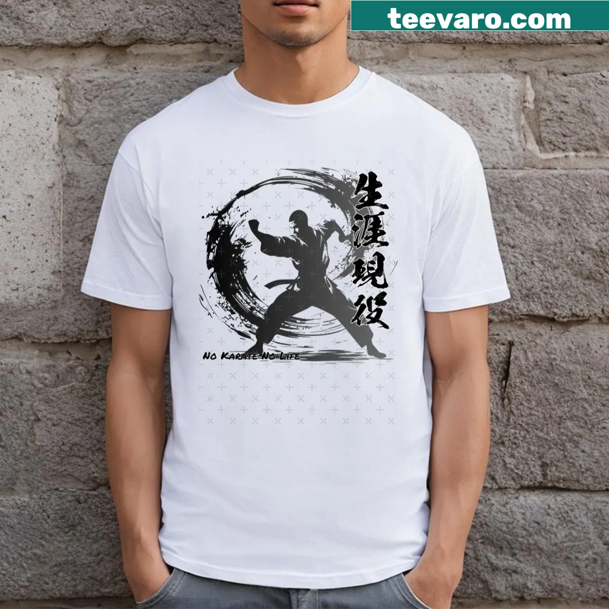 Illustrative Karate Dad t-shirt with playful karate poses — on a men's t-shirt