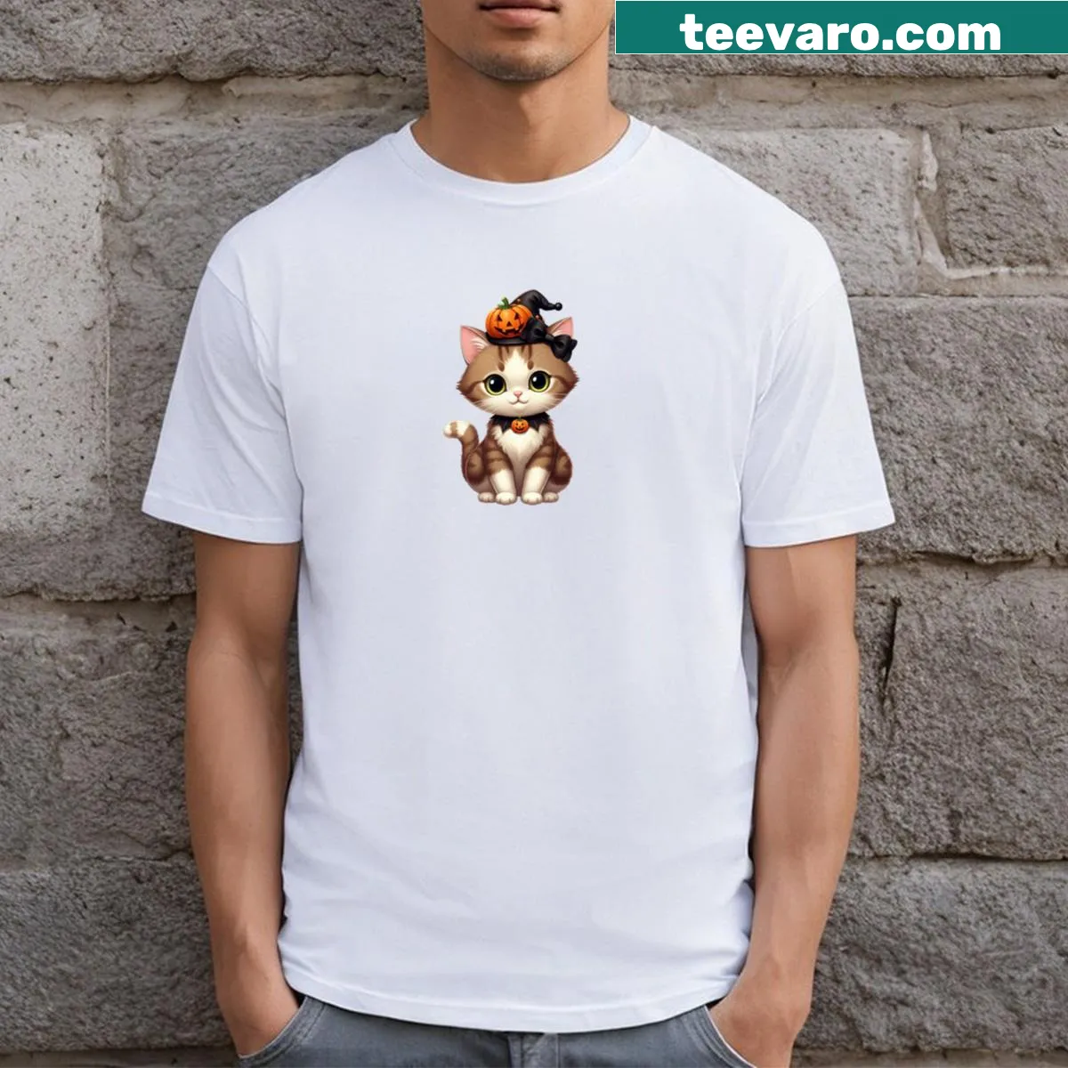 Adorable cartoon cat in Halloween costume on t-shirt — on a men's t-shirt