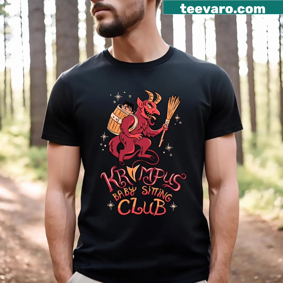 Funny Krampus illustration on spooky holiday t-shirt — on a men's t-shirt