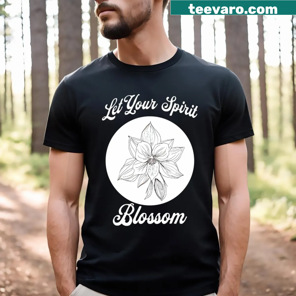 Minimalist line drawing of a columbine flower on t-shirt — on a men's t-shirt