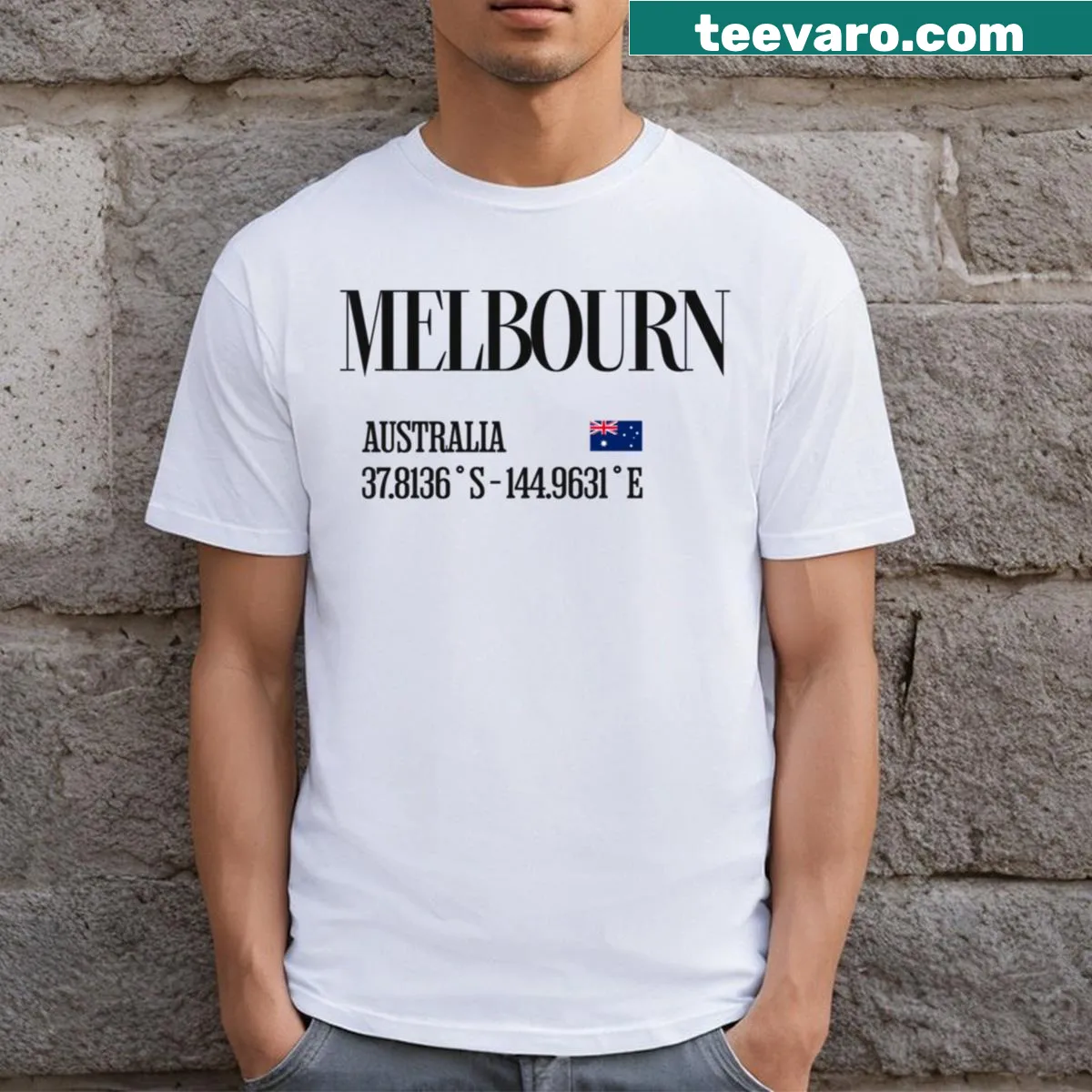 Melbourn Typography T-shirt featuring bold city-themed text design. — on a men's t-shirt