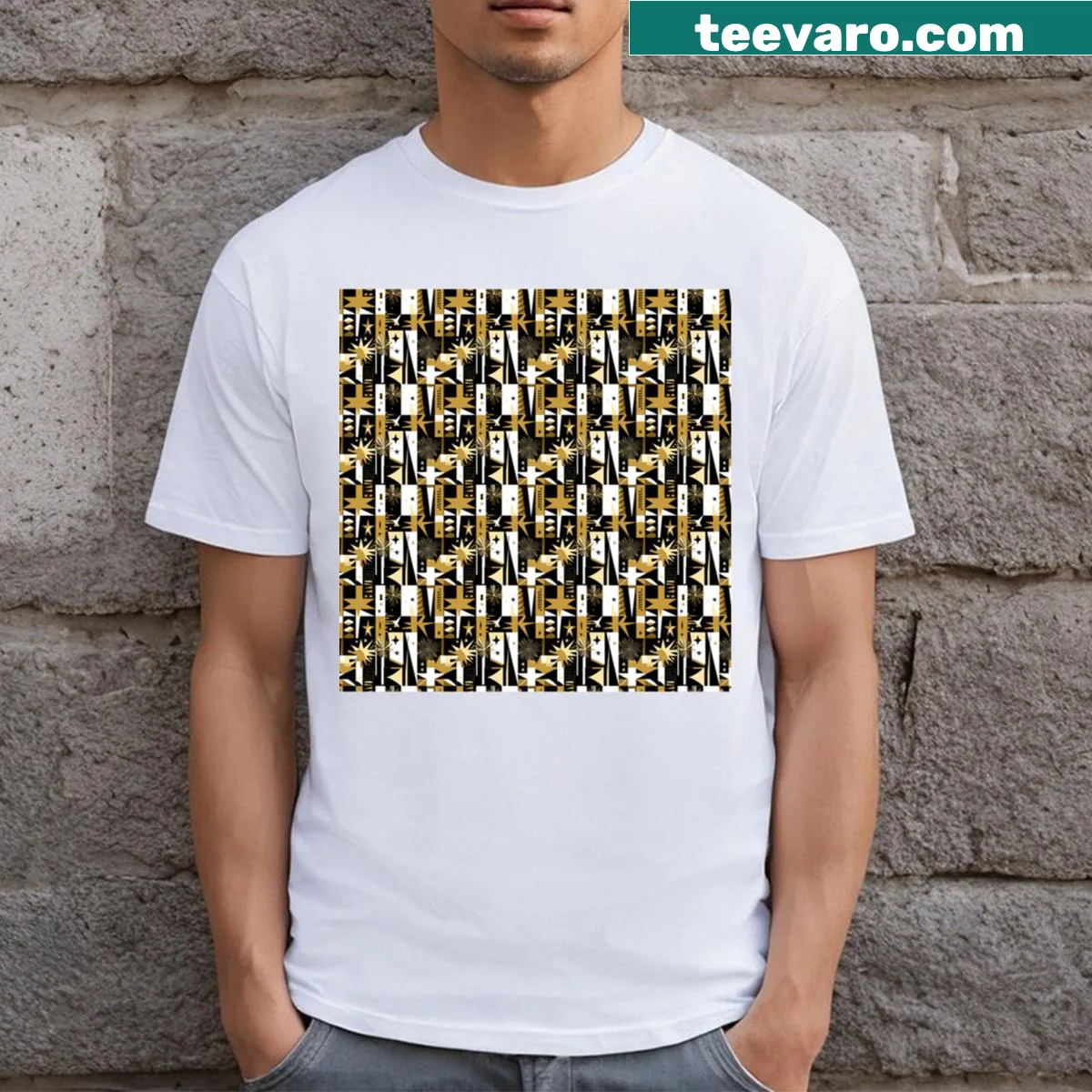 Modern graphic T-shirt featuring geometric countdown design — on a men's t-shirt