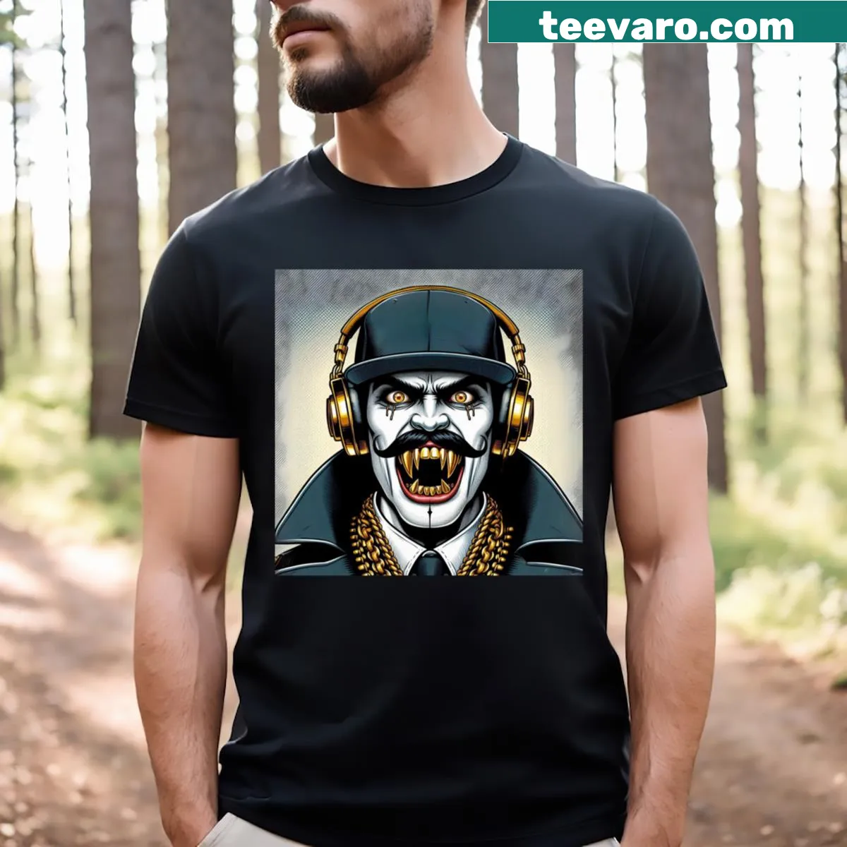 T-shirt with a modern vampire design featuring gold chains and headphones — on a men's t-shirt