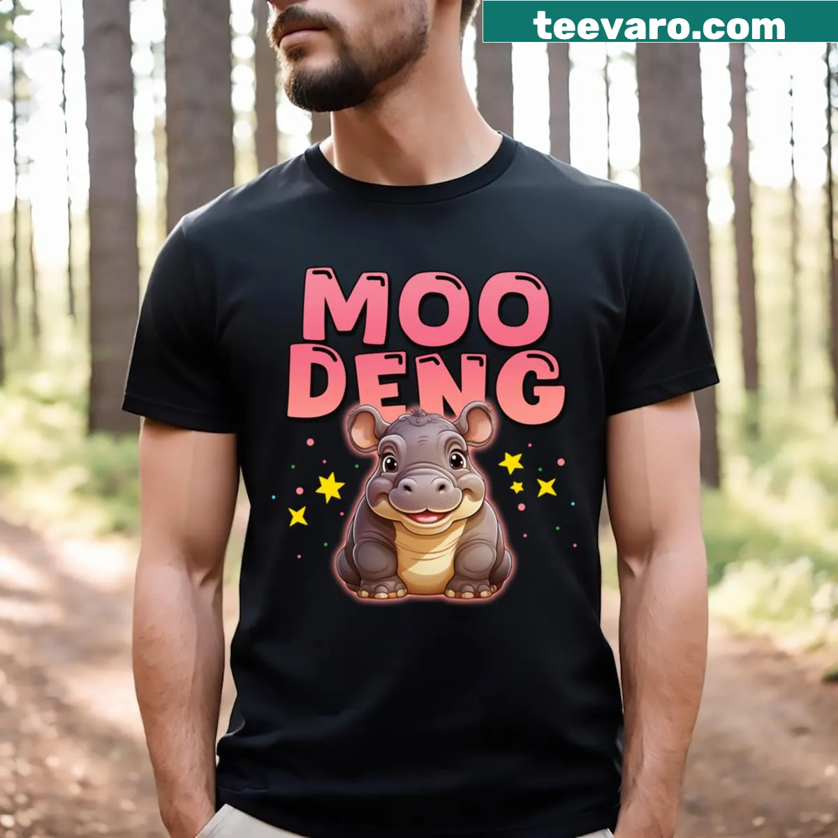 Cute T-shirt featuring Moo Deng, the baby pygmy hippo — on a men's t-shirt