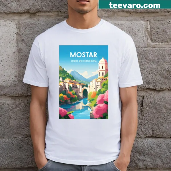 Vintage-style travel poster t-shirt of Mostar, Bosnia