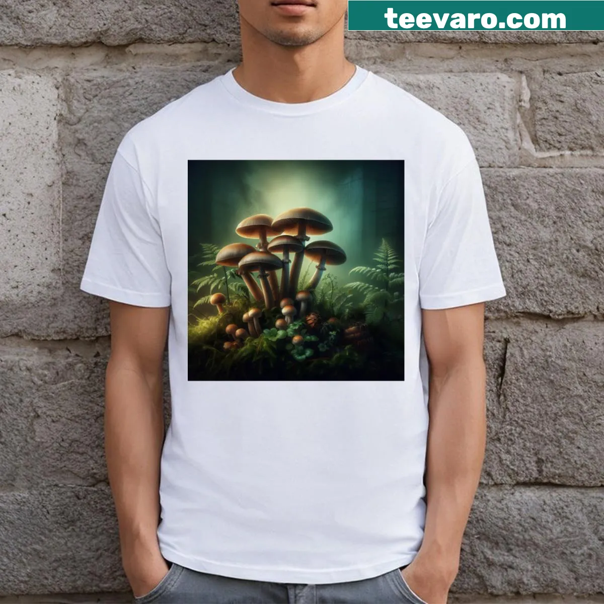 T-shirt featuring mushrooms in a serene forest illustration — on a men's t-shirt