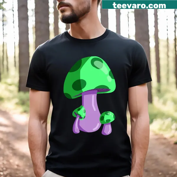 T-shirt featuring whimsical illustrations of various mushrooms.