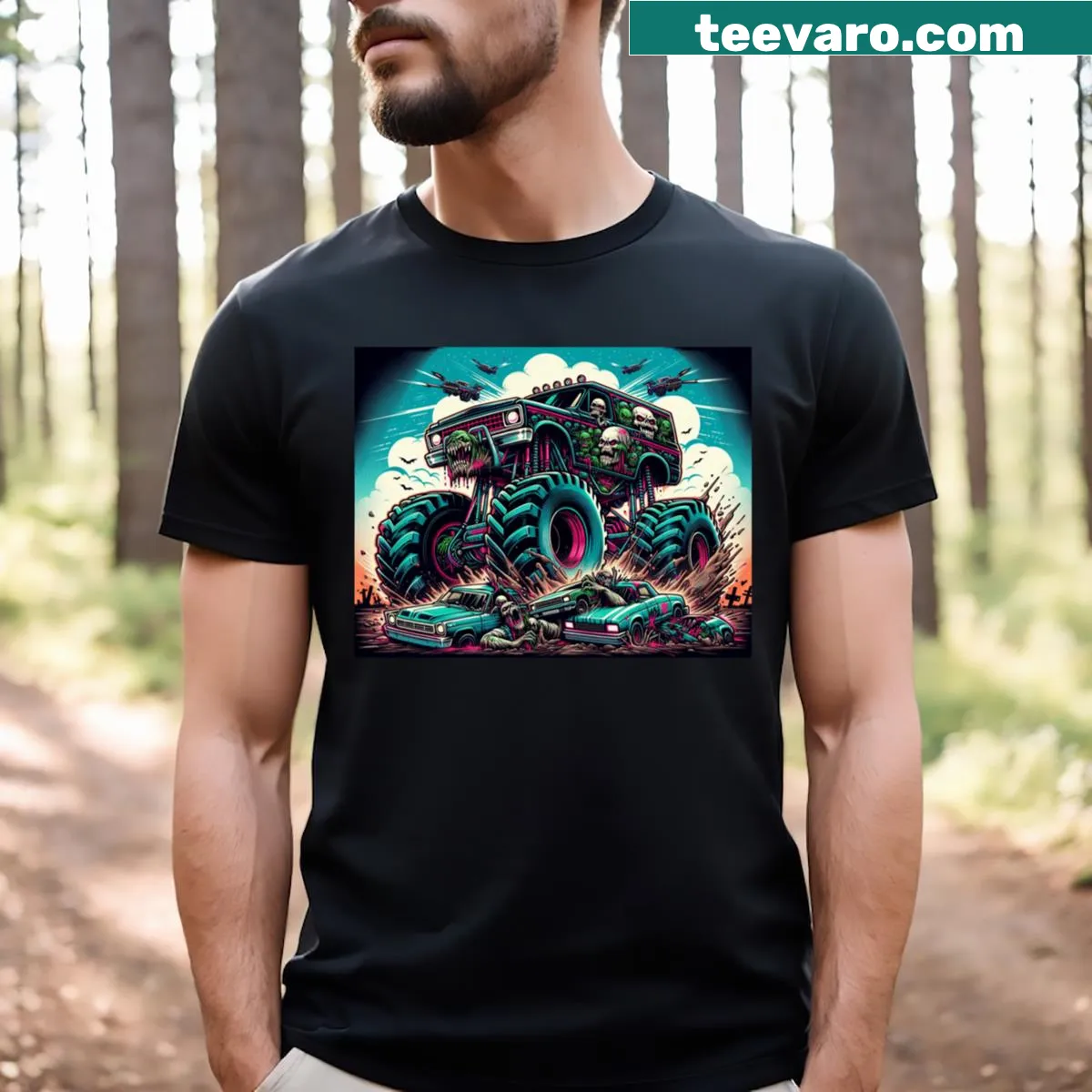 Retro neon zombie monster truck graphic T-shirt with grunge style — on a men's t-shirt