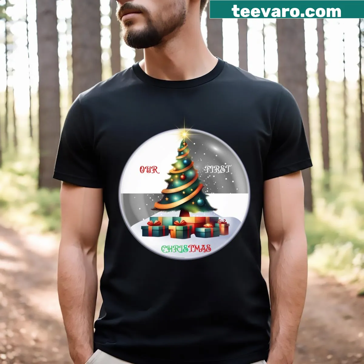 Gray holiday t-shirt with 'Our First Christmas' typography — on a men's t-shirt