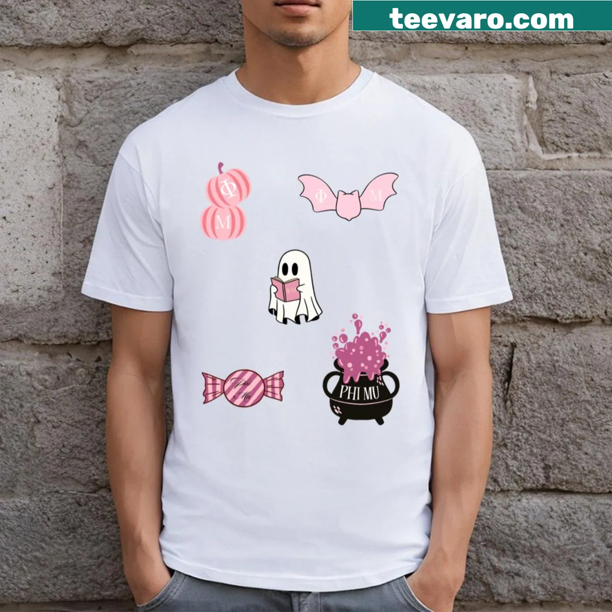 Phi Mu Halloween t-shirt with playful illustrations — on a men's t-shirt