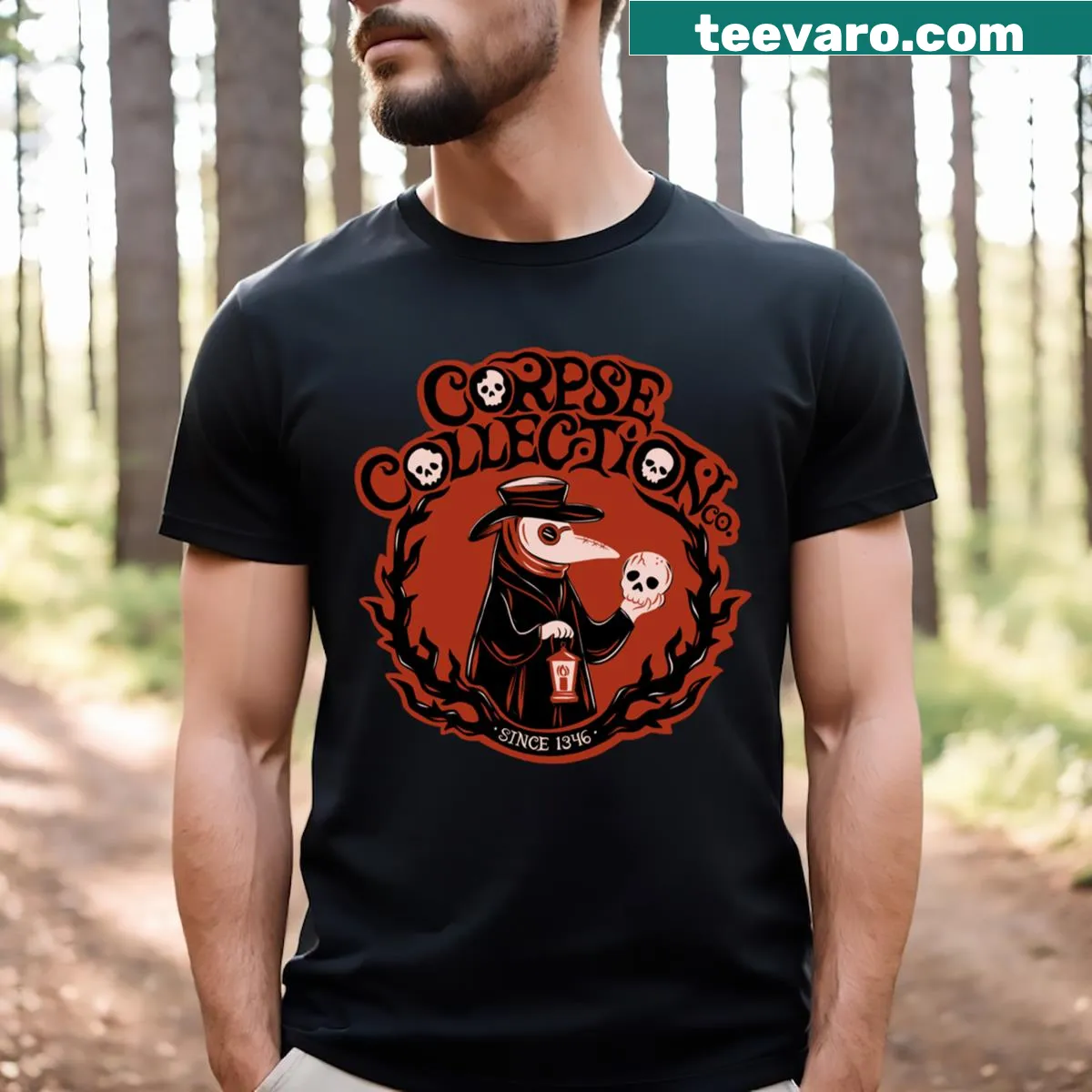 Spooky Halloween T-shirt featuring plague-themed artwork — on a men's t-shirt