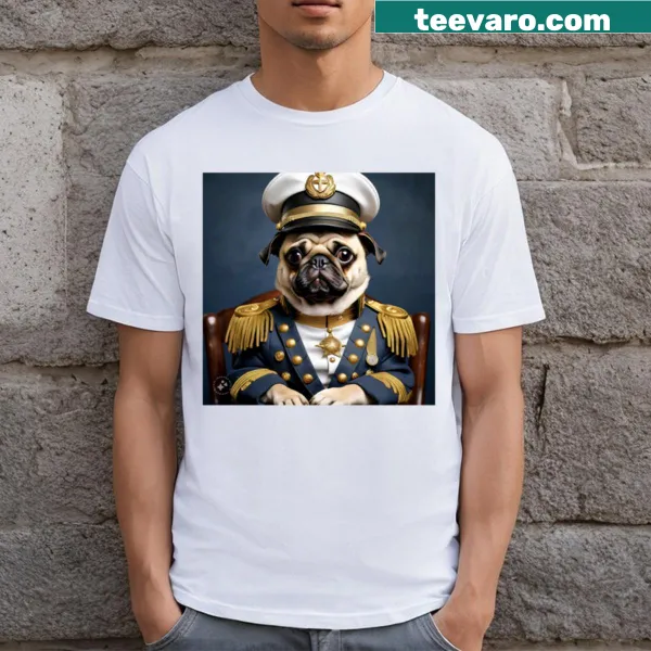 T-shirt with a pug wearing an admiral's outfit illustration
