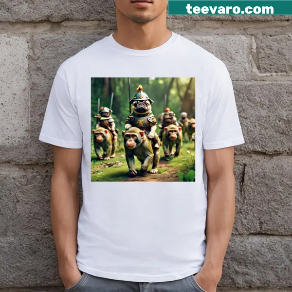 T-shirt with a playful design of pugs in an army formation