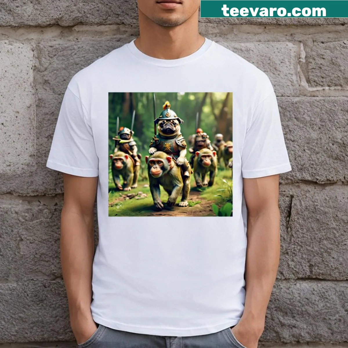 T-shirt with a playful design of pugs in an army formation — on a men's t-shirt