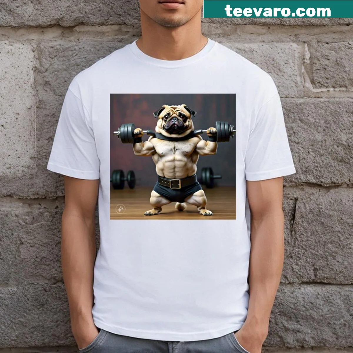 T-shirt featuring a pug in a bodybuilder pose illustration — on a men's t-shirt
