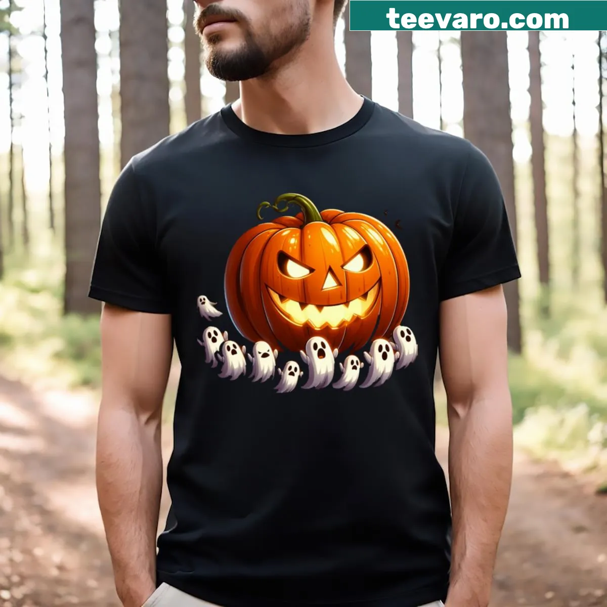 Jack-o'-lantern graphic on a Halloween-themed T-shirt — on a men's t-shirt