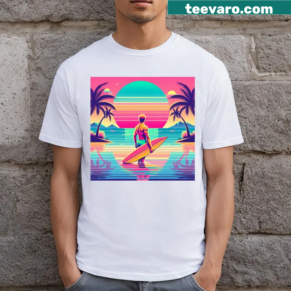 Retro sunset beach graphic on a vintage-style t-shirt — on a men's t-shirt