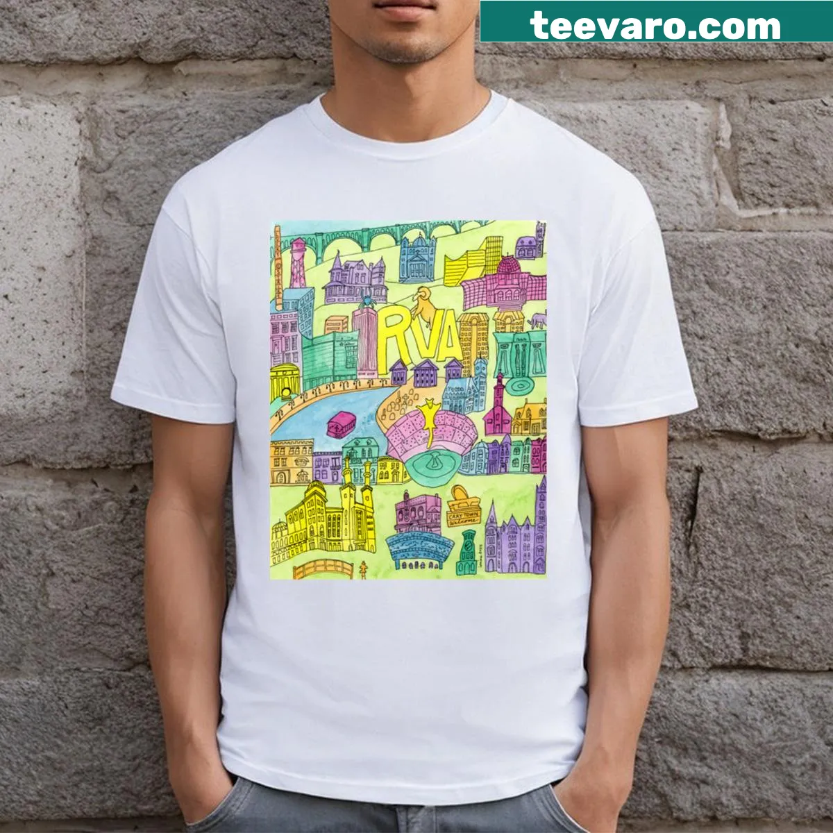 Cityscape t-shirt featuring the Richmond, Virginia skyline — on a men's t-shirt