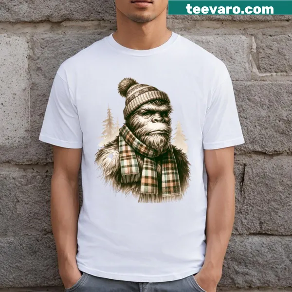 Cartoon illustration of Sasquatch Bigfoot on a T-shirt.