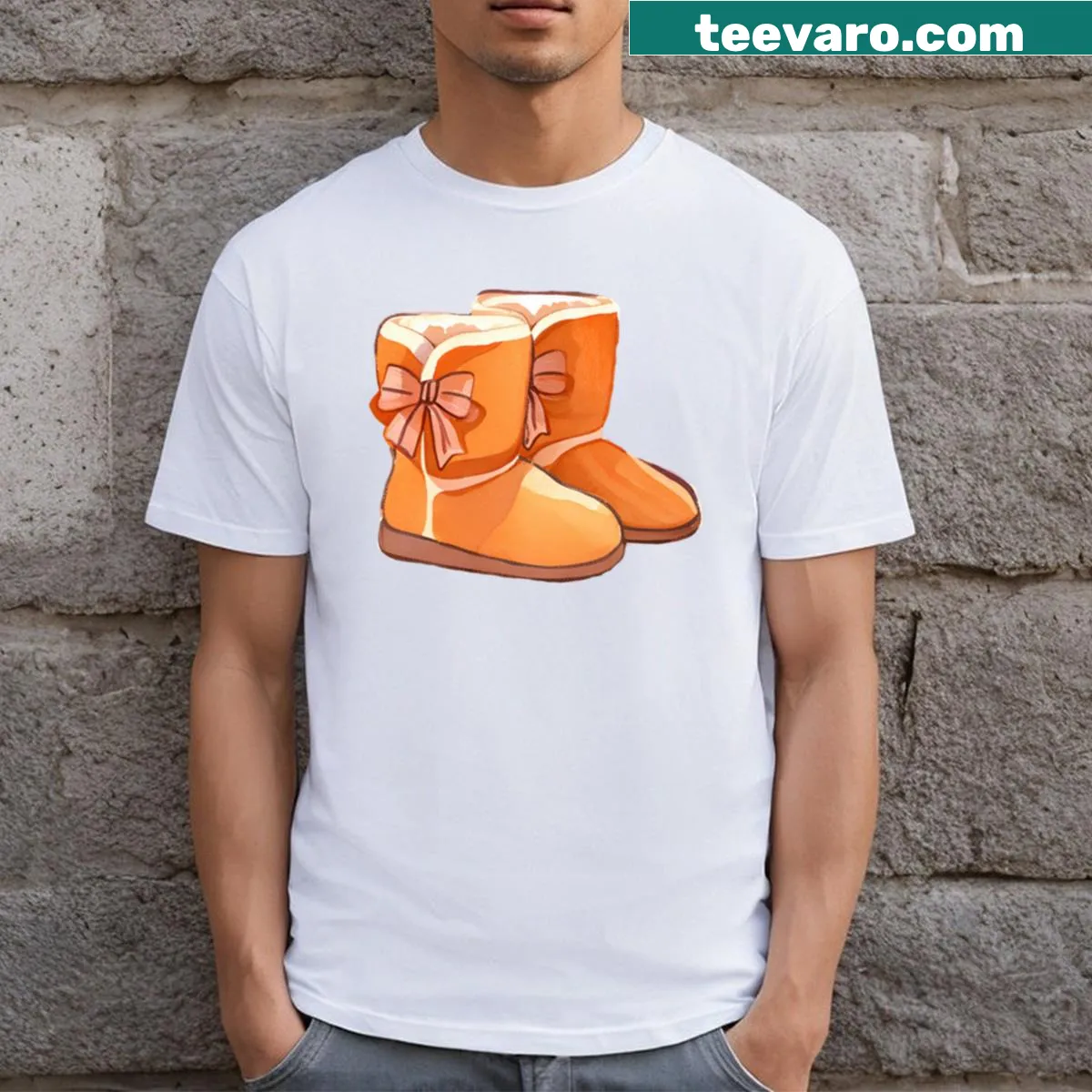 Illustration of sheepskin boots with bows on a playful T-shirt — on a men's t-shirt