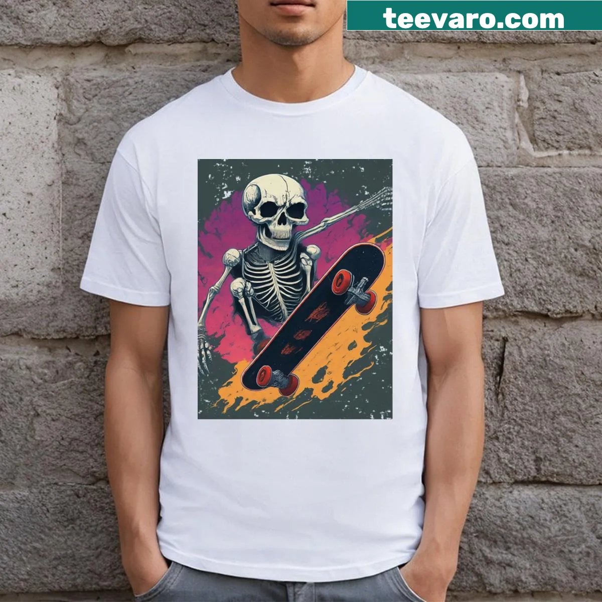 Playful skeleton skateboarding graphic on a T-shirt — on a men's t-shirt