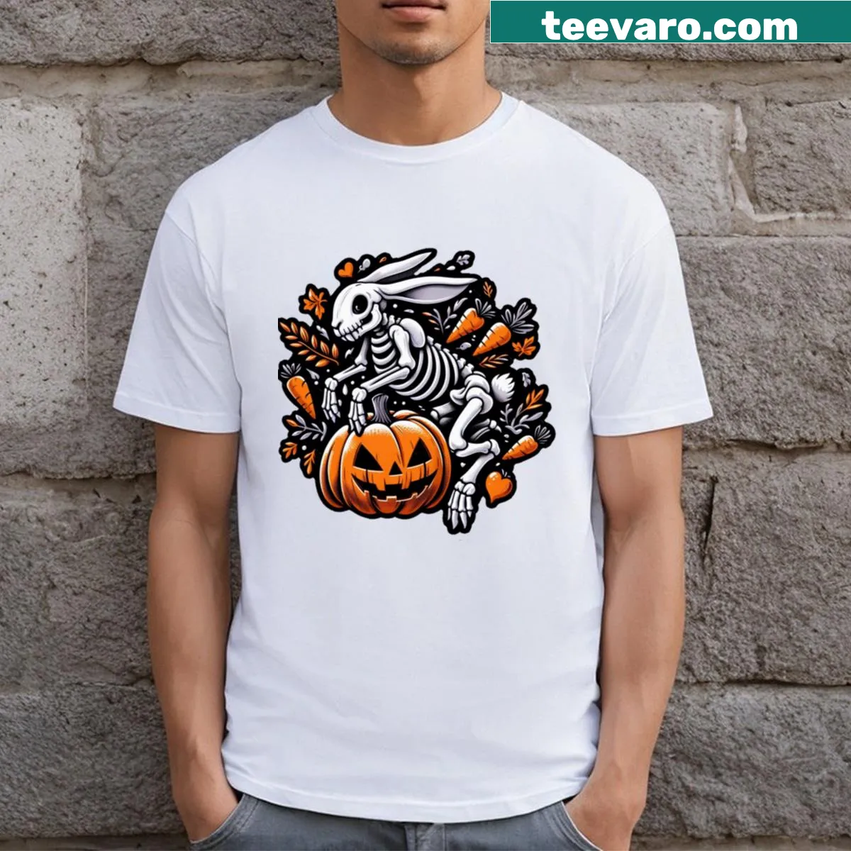 Cute skeleton bunny with pumpkin graphic on a T-shirt — on a men's t-shirt