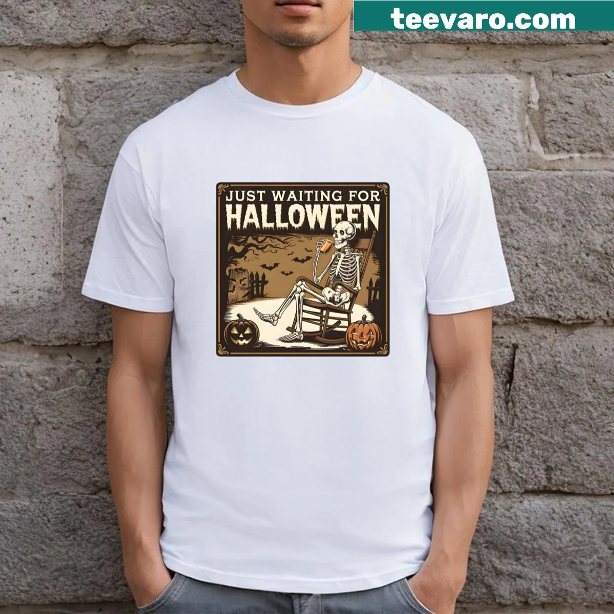 Whimsical T-shirt with a skeleton waiting for Halloween — on a men's t-shirt