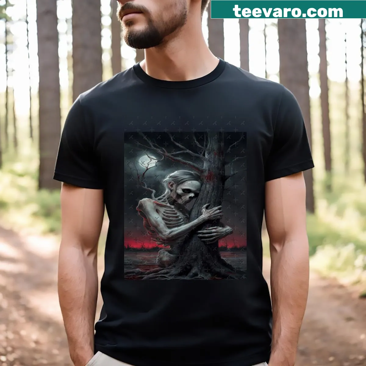 Vintage-inspired T-shirt with a skeleton and moonlit design — on a men's t-shirt