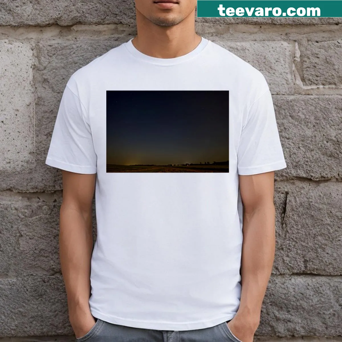 Illustrated night sky with stars on a T-shirt — on a men's t-shirt