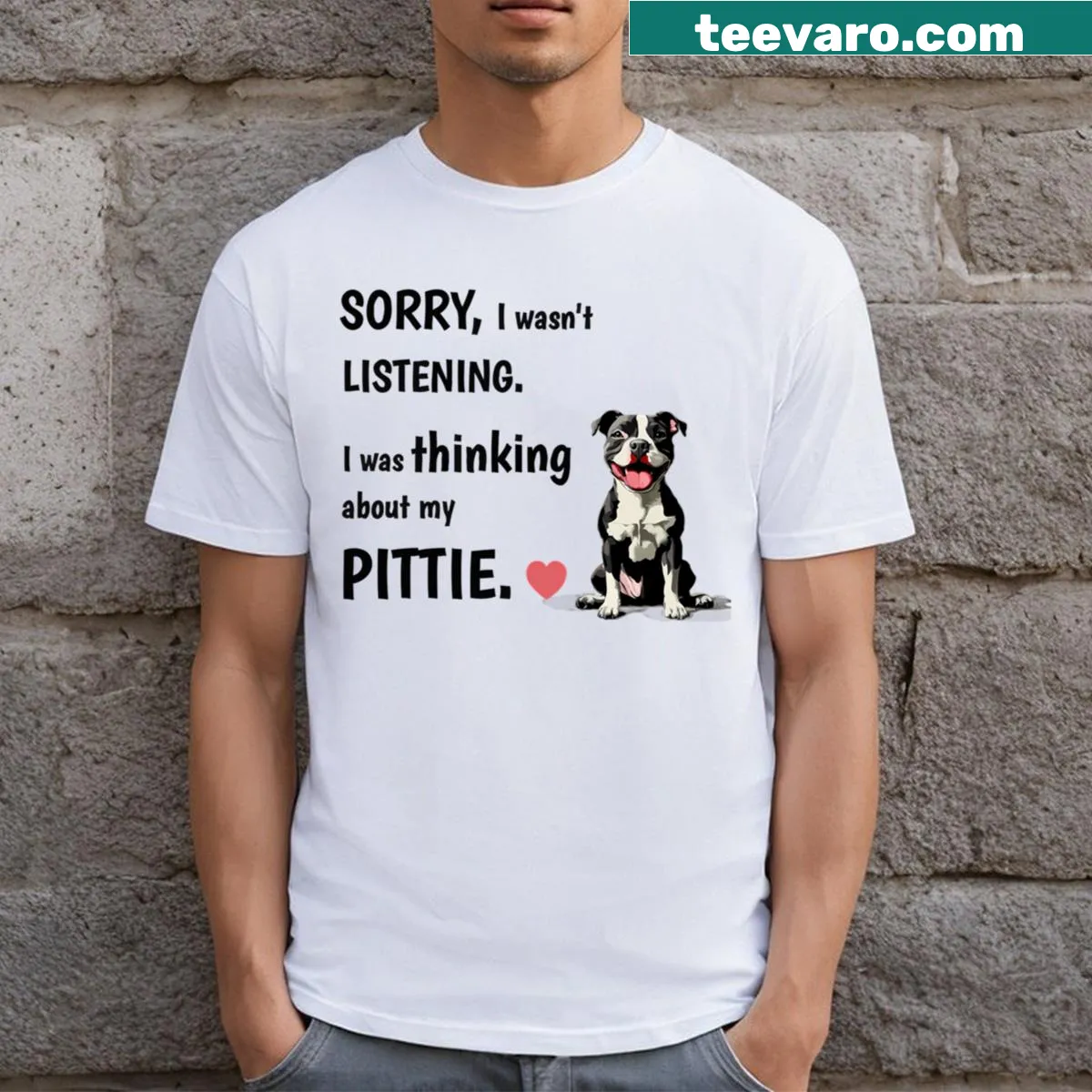 Humorous text about thinking of Pitties on a T-shirt — on a men's t-shirt