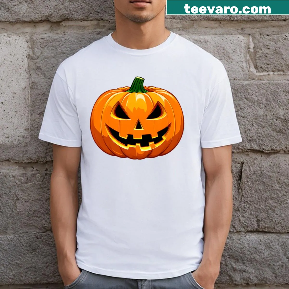 Spooky pumpkin graphic on a Halloween-themed t-shirt — on a men's t-shirt