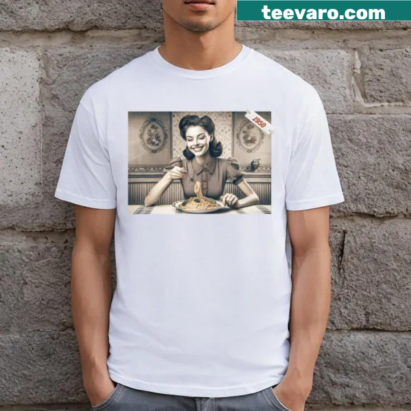 Illustrative T-shirt of a 50s woman enjoying spaghetti