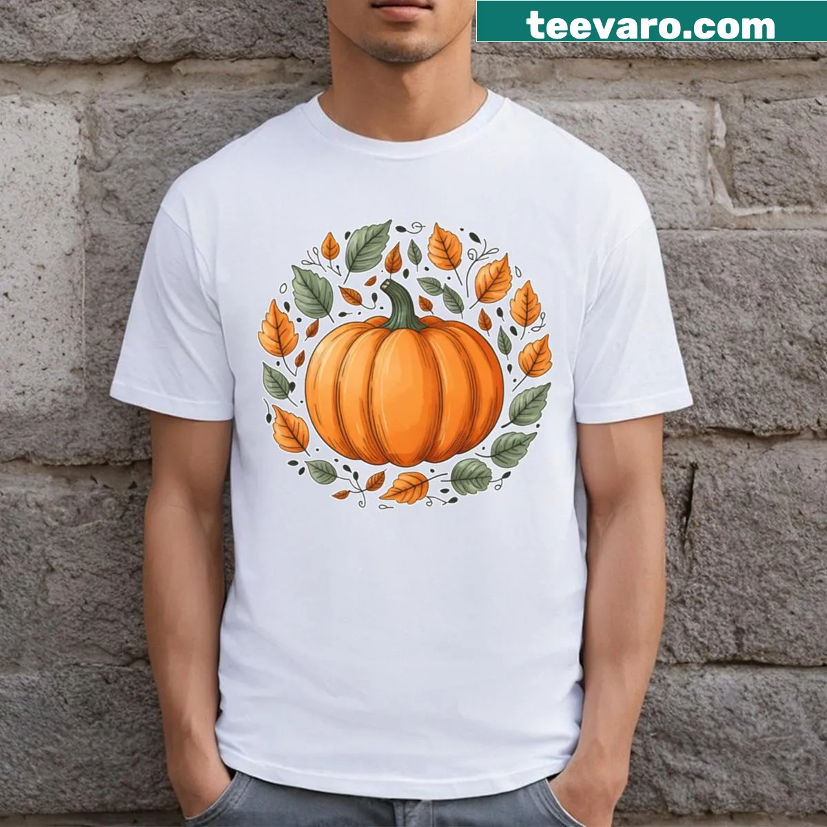T-shirt with a pumpkin and autumn leaves design — on a men's t-shirt