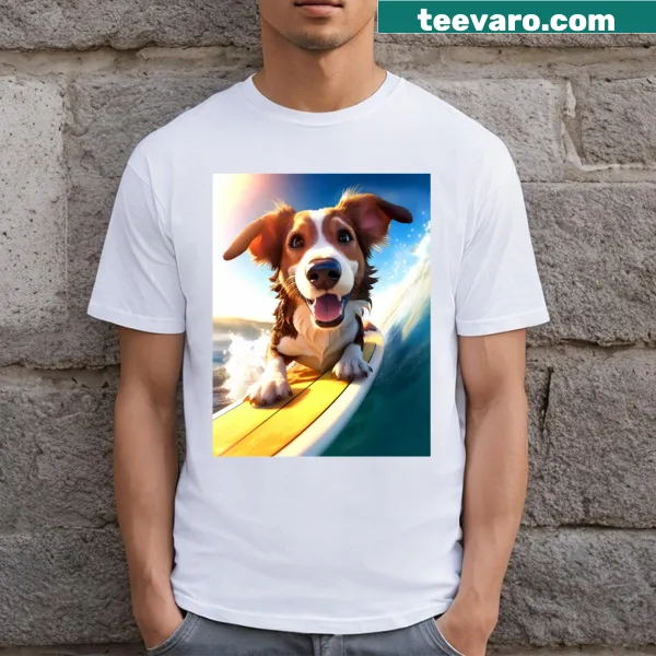Playful T-shirt of a dog surfing on a surfboard