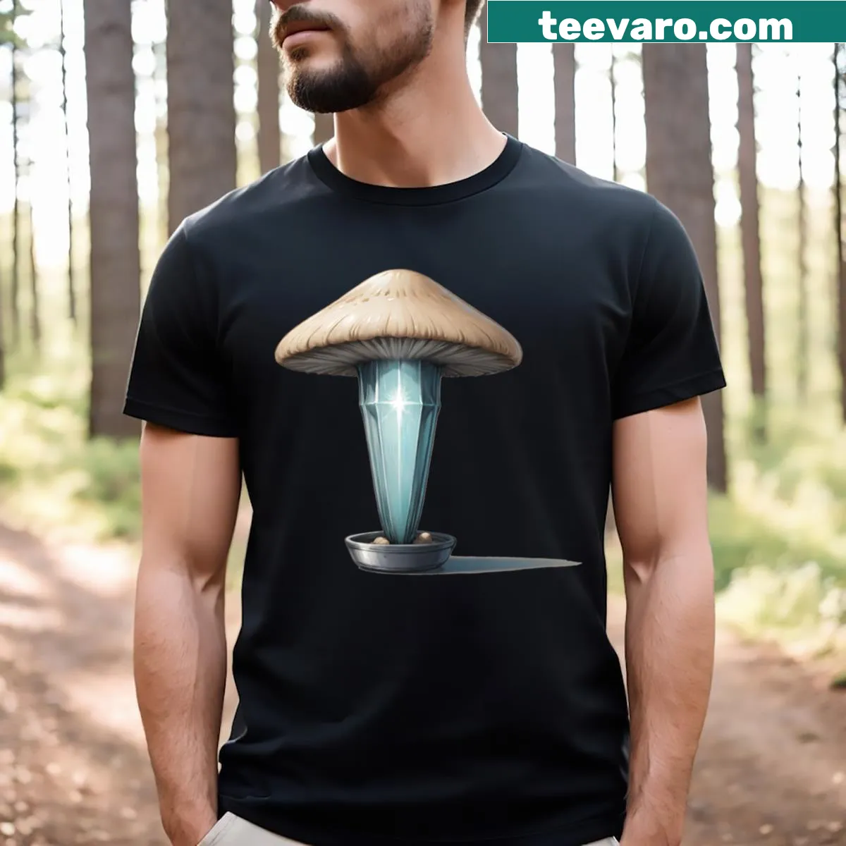 T-shirt with a mystical third eye and mushrooms illustration — on a men's t-shirt