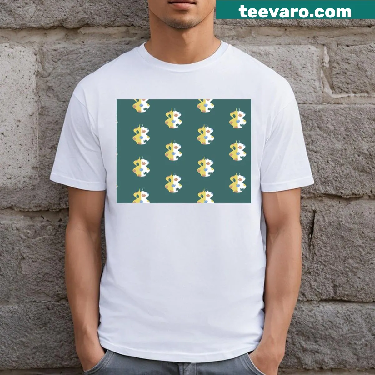 Minimalist t-shirt featuring vases on a green background — on a men's t-shirt
