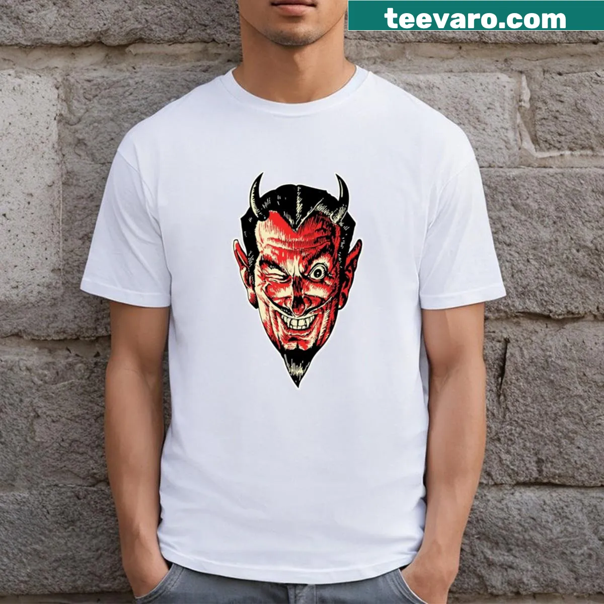 Vintage-style T-shirt with a devil demon head graphic — on a men's t-shirt