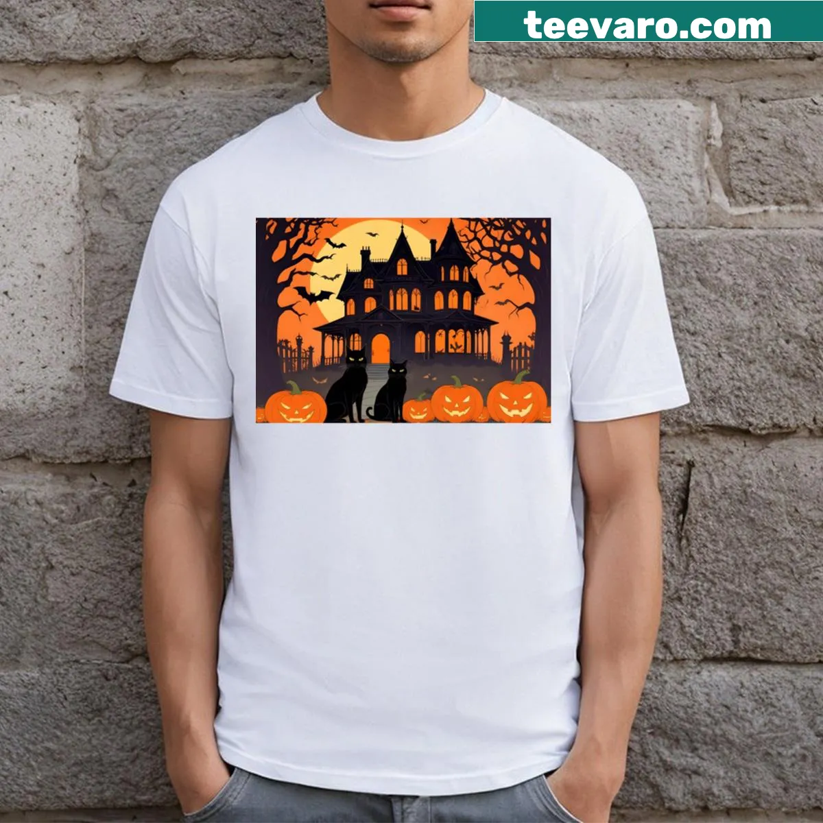 Vintage T-shirt with spooky mansion and pumpkins graphic — on a men's t-shirt