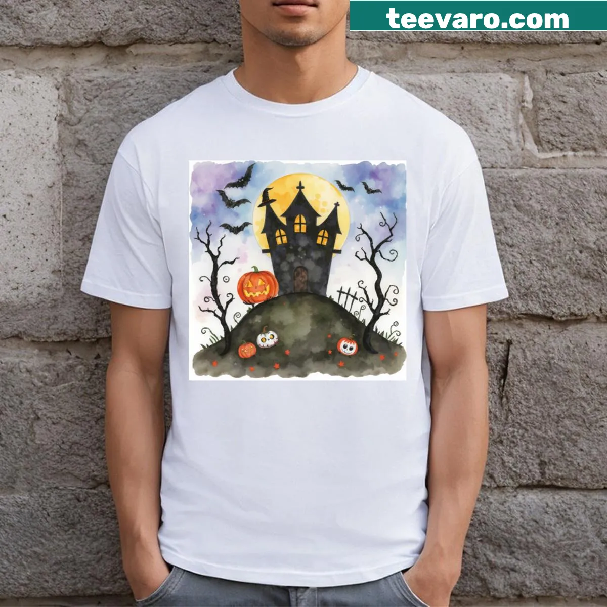 Watercolor T-shirt with Halloween-themed design — on a men's t-shirt
