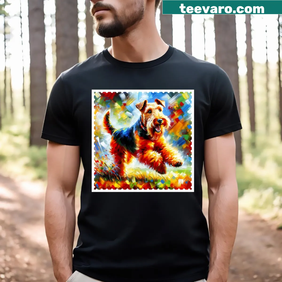 Illustration of a Welsh Terrier running in a park on a pet lover's shirt — on a men's t-shirt