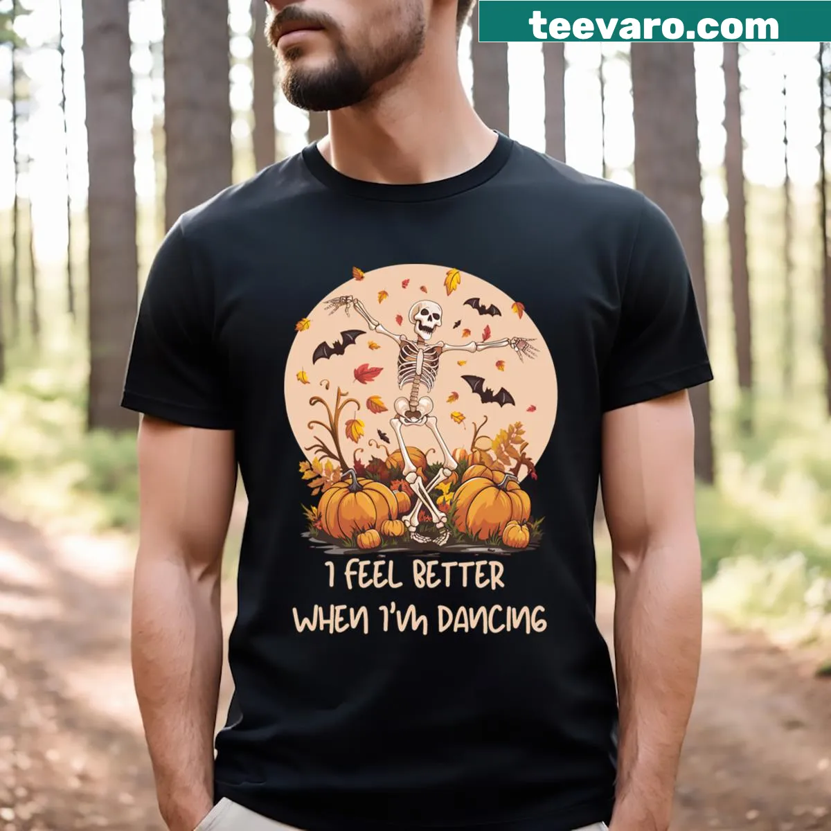 Skeleton dancing graphic on an active Halloween t-shirt — on a men's t-shirt