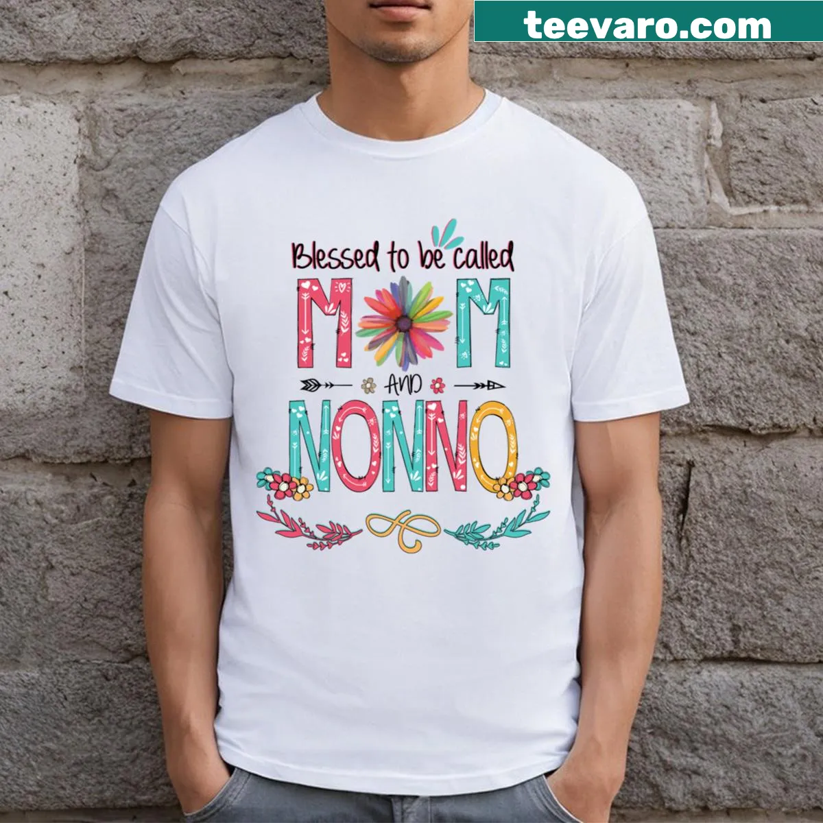 Floral design celebrating dads and nonnos with heartfelt message. — on a men's t-shirt