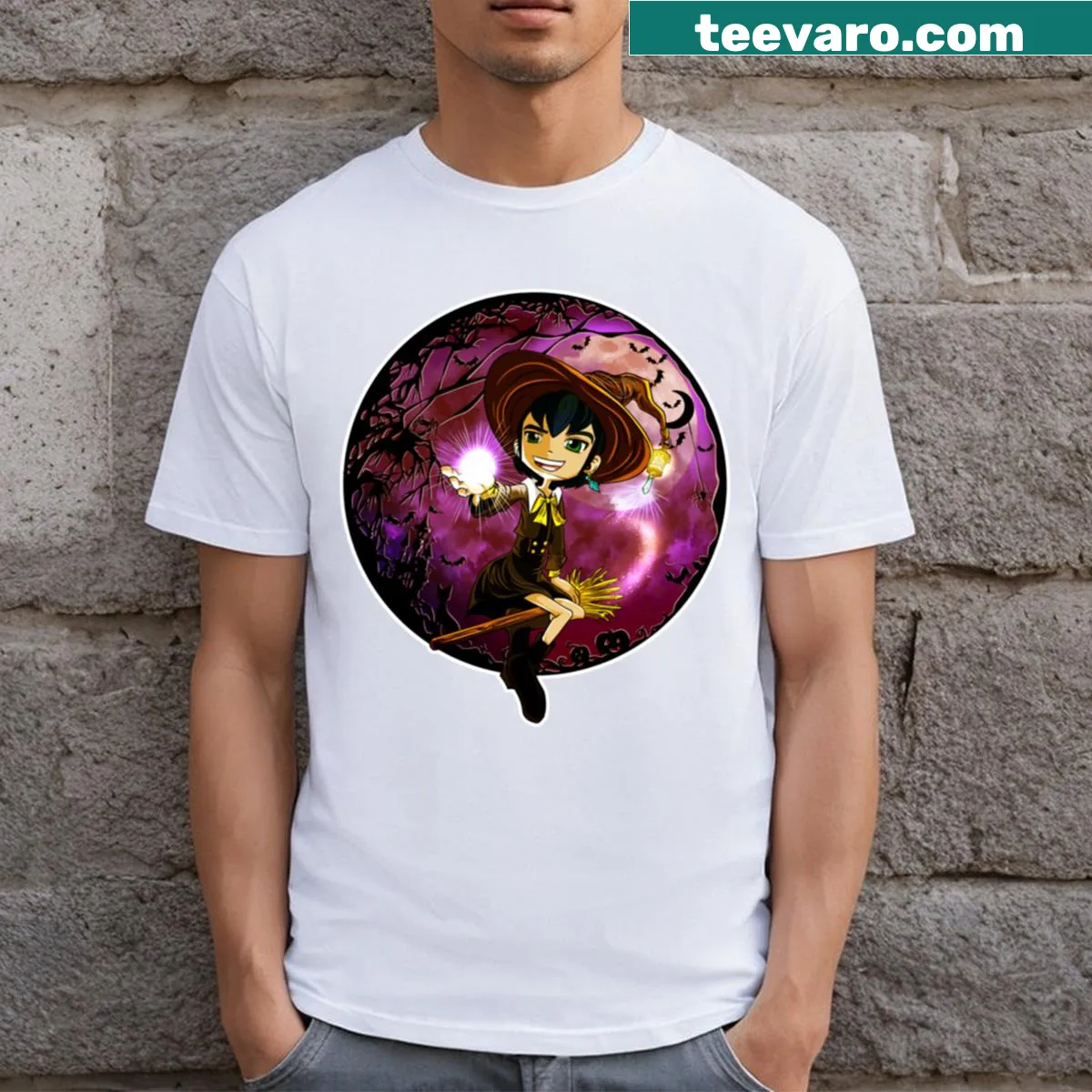 Cartoon witch Tsumi design for Halloween festivities, whimsical and fun. — on a men's t-shirt