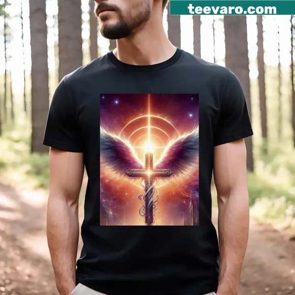 T-shirt featuring an angelic cross in a celestial setting