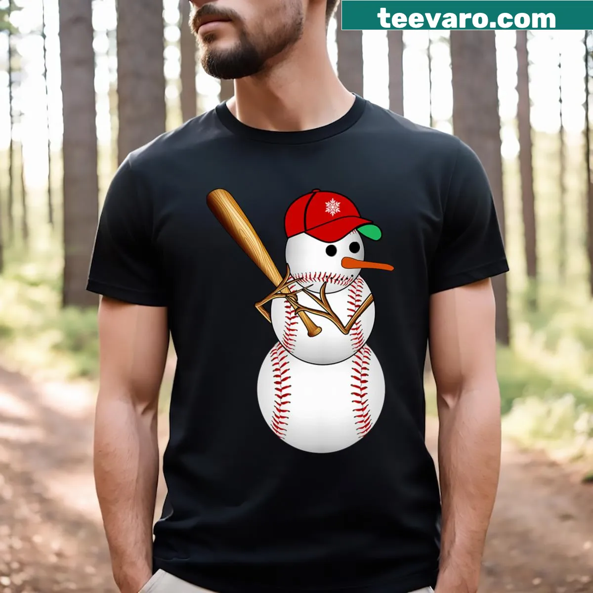 Snowman in baseball attire with Christmas theme on T-shirt — on a men's t-shirt