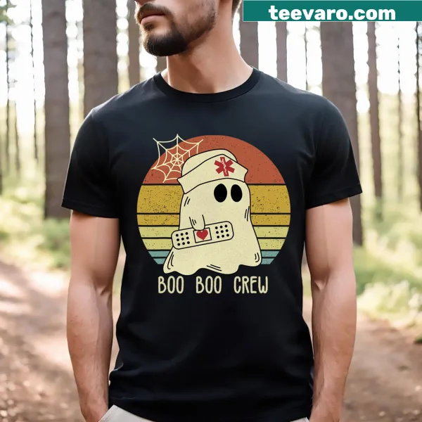 Halloween-themed t-shirt for nurses with 'Boo Boo Crew' graphic