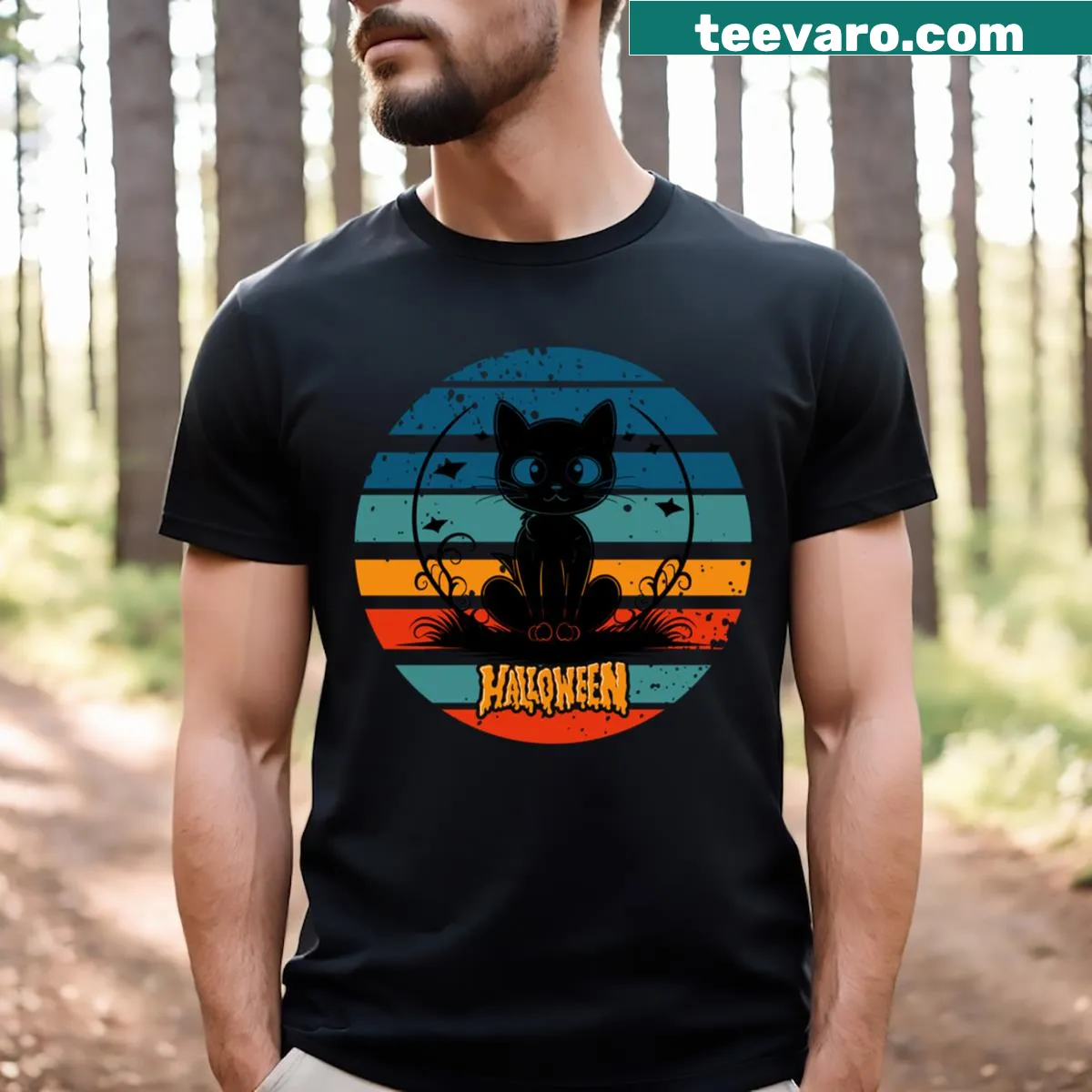 Playful graphic of cats in Halloween costumes on a t-shirt — on a men's t-shirt